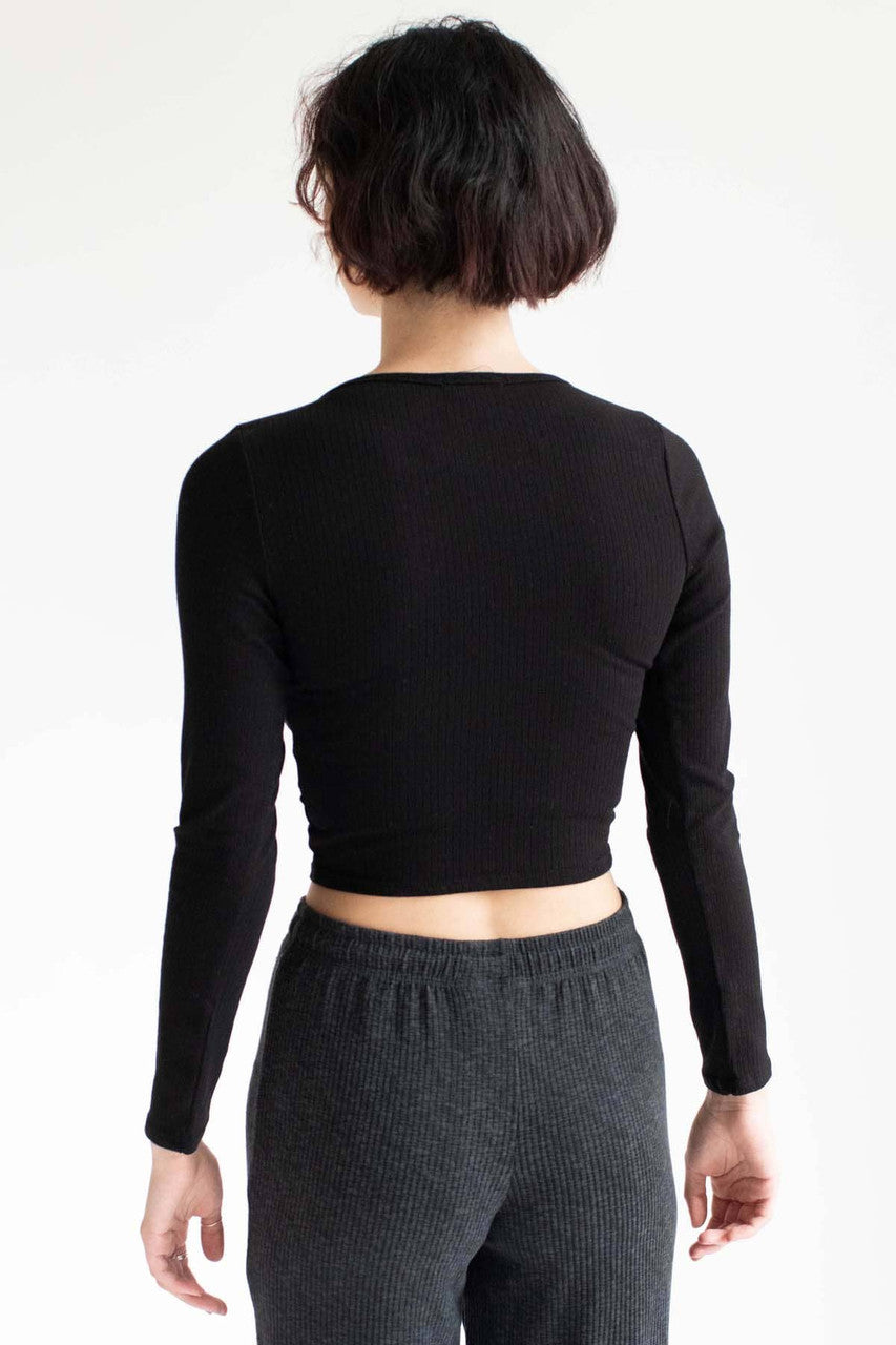 Black Notched Neck Long Sleeve Top
