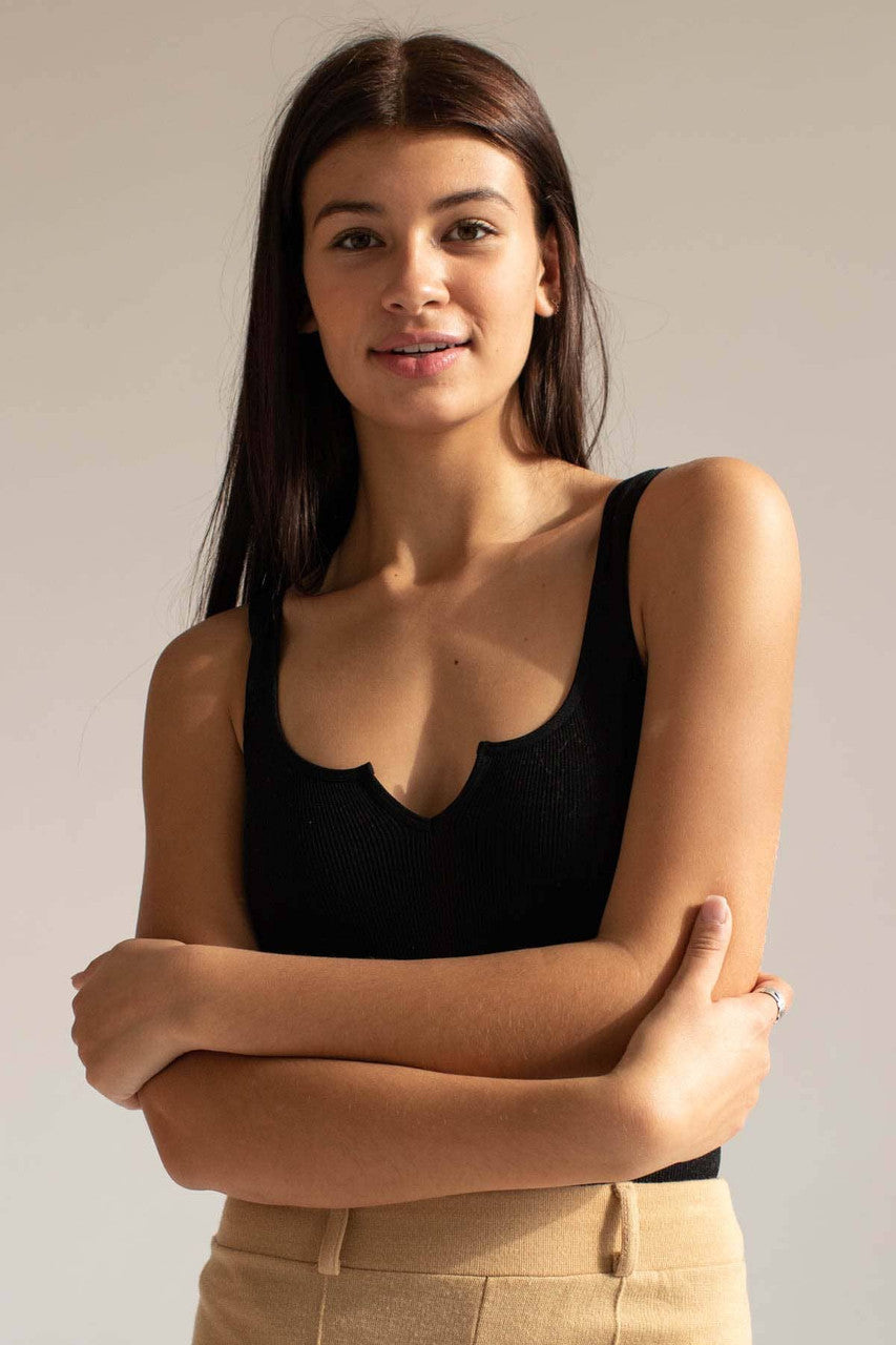 Black Notched Neck Seamless Bodysuit