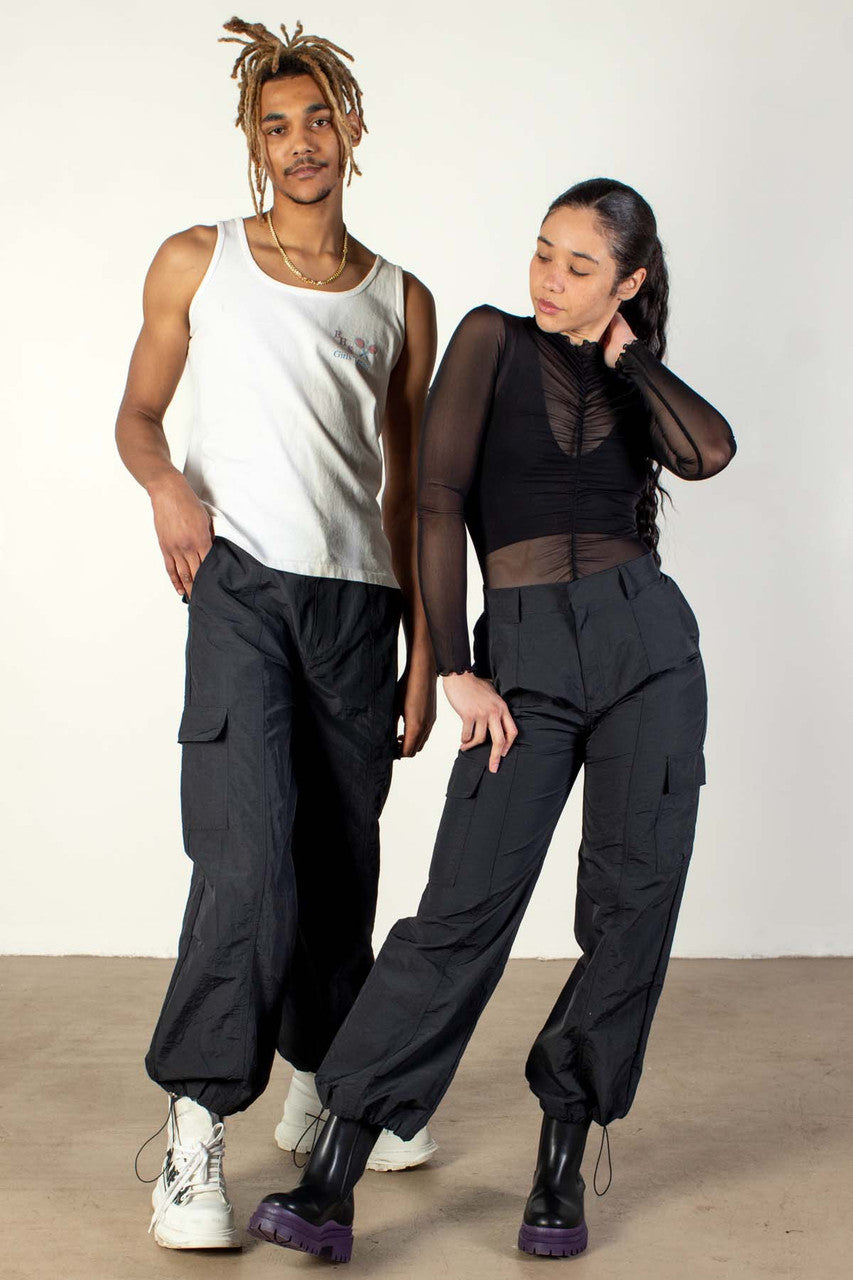 Black Nylon Cargo Parachute Pants