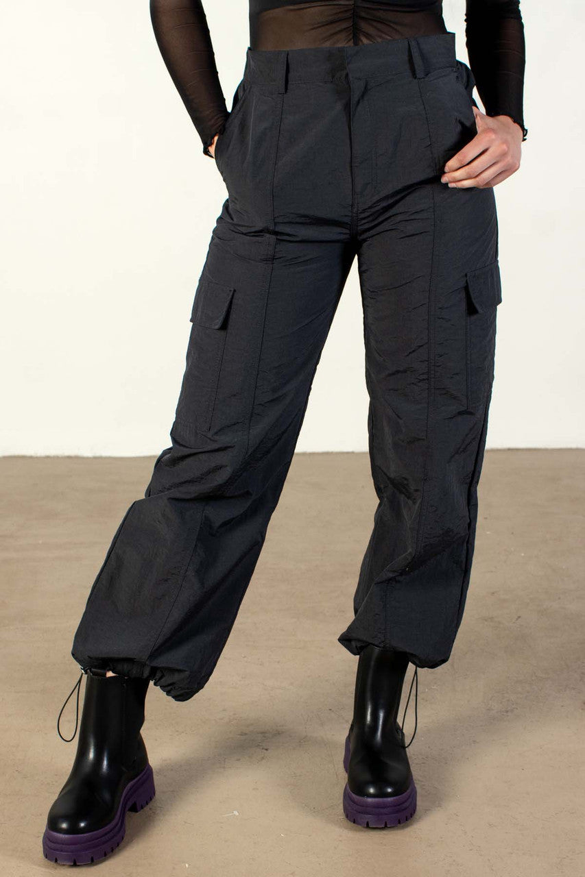 Black Nylon Cargo Parachute Pants
