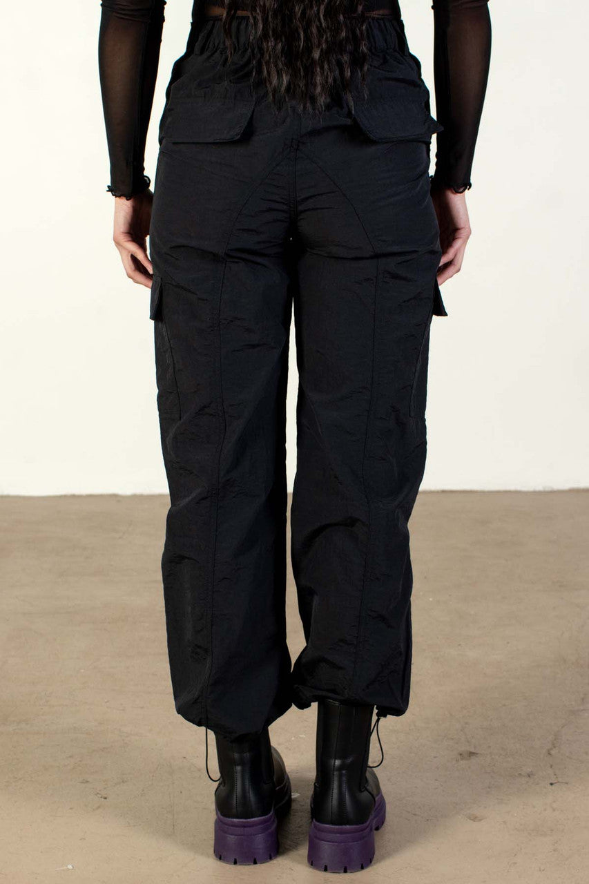 Black Nylon Cargo Parachute Pants
