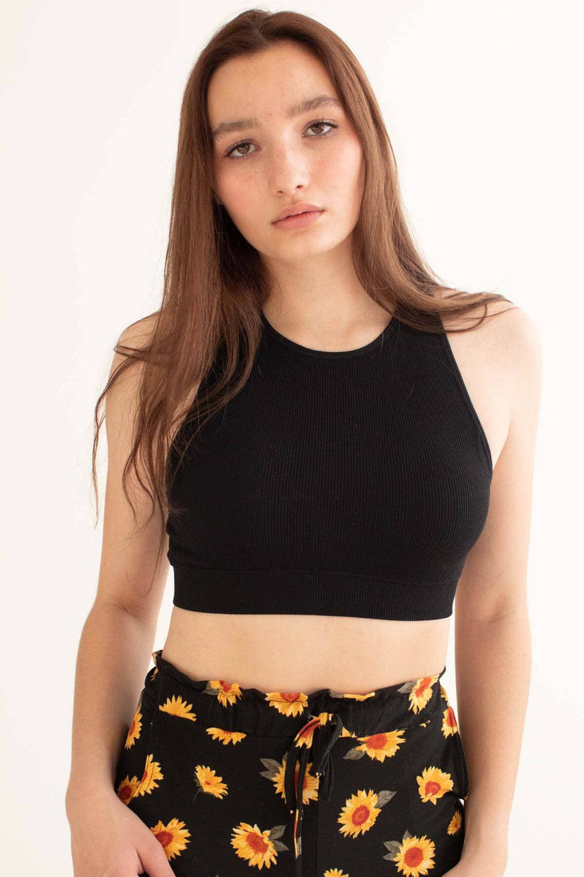 Black Padded Seamless High Neck Crop Tank