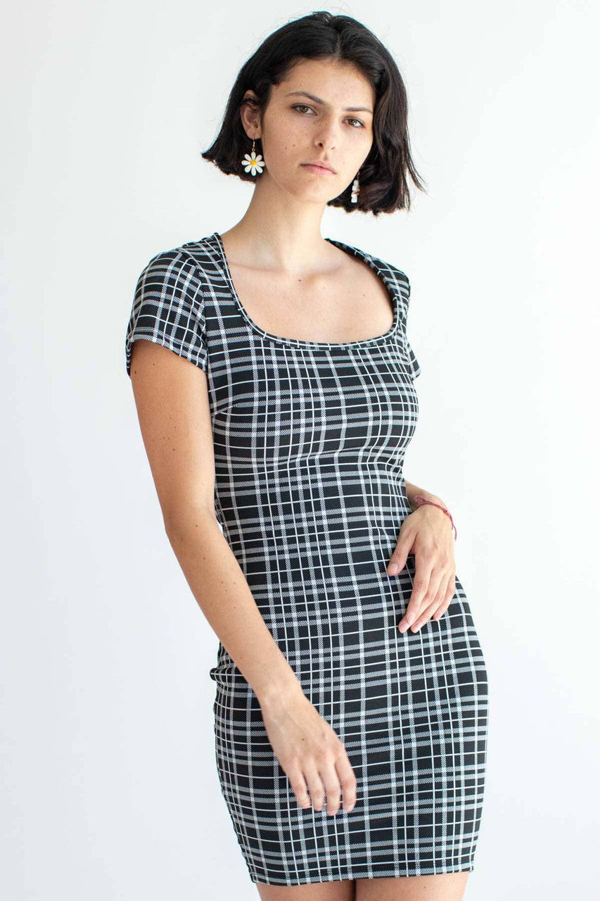 Black Plaid Open Back Mini Dress