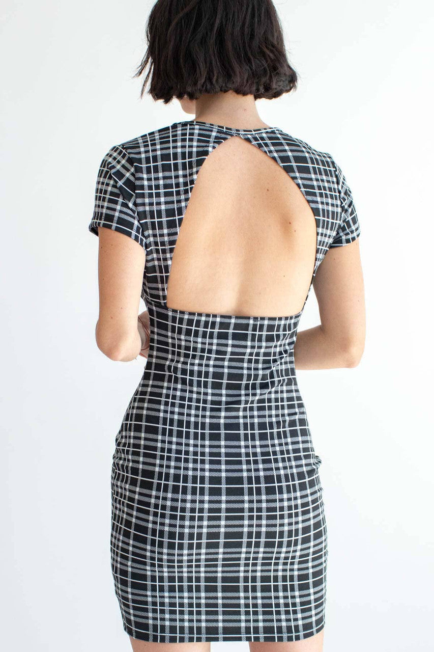 Black Plaid Open Back Mini Dress