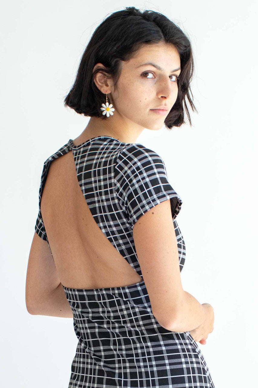 Black Plaid Open Back Mini Dress