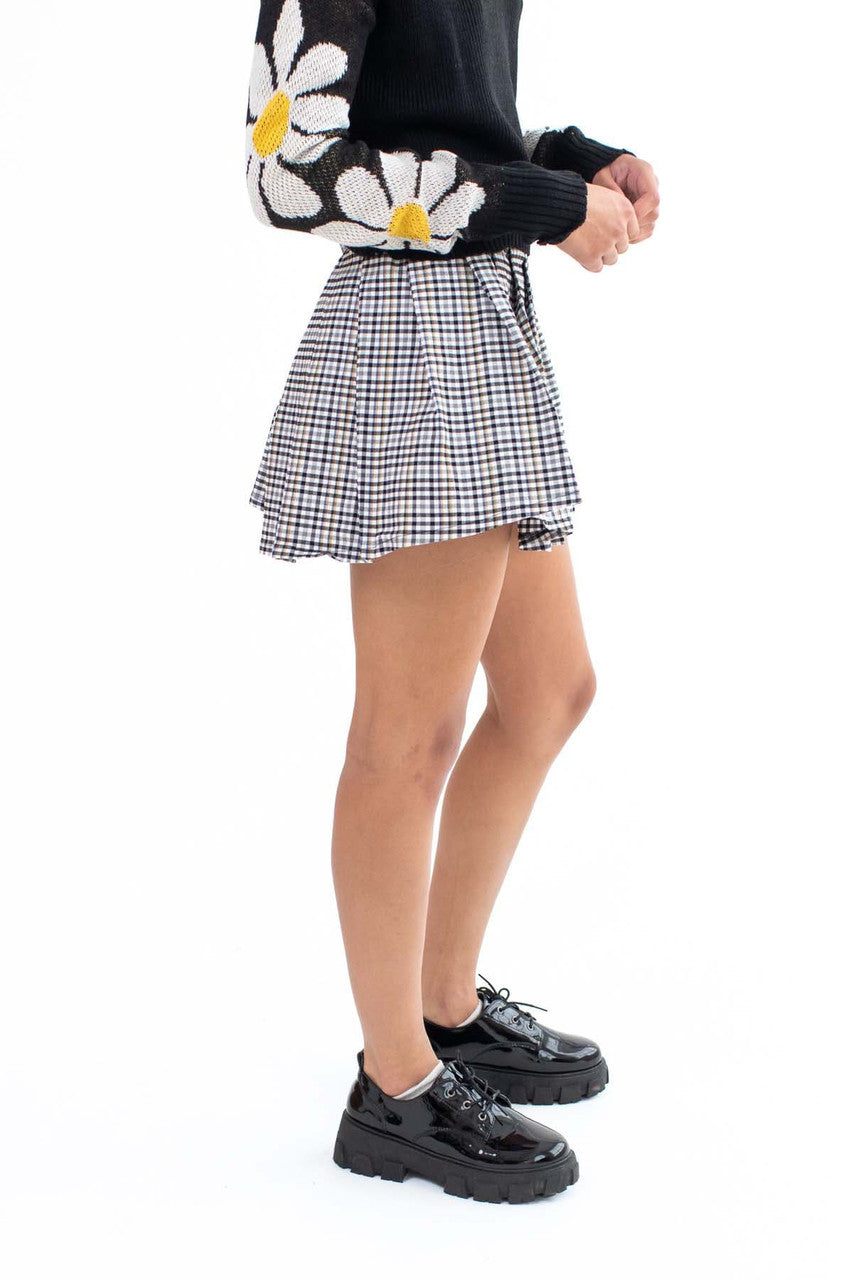 Black Plaid Pleated Mini Skirt