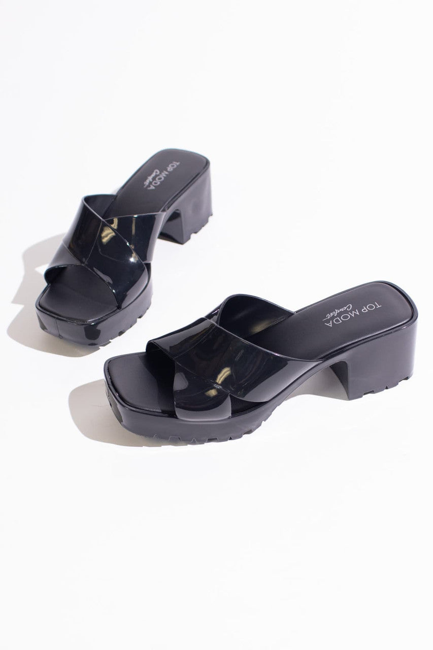 Black Plastic Chunky Heel Slides