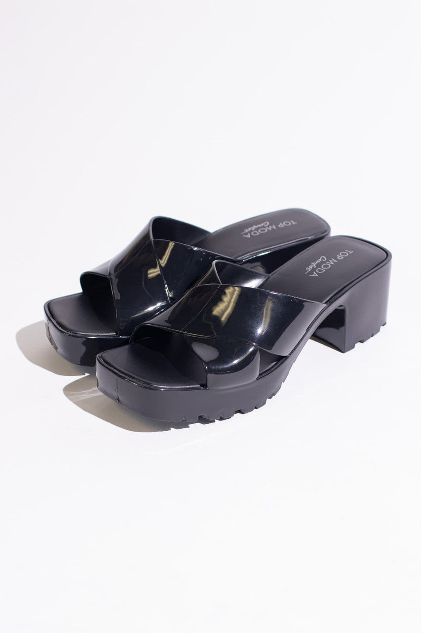 Black Plastic Chunky Heel Slides