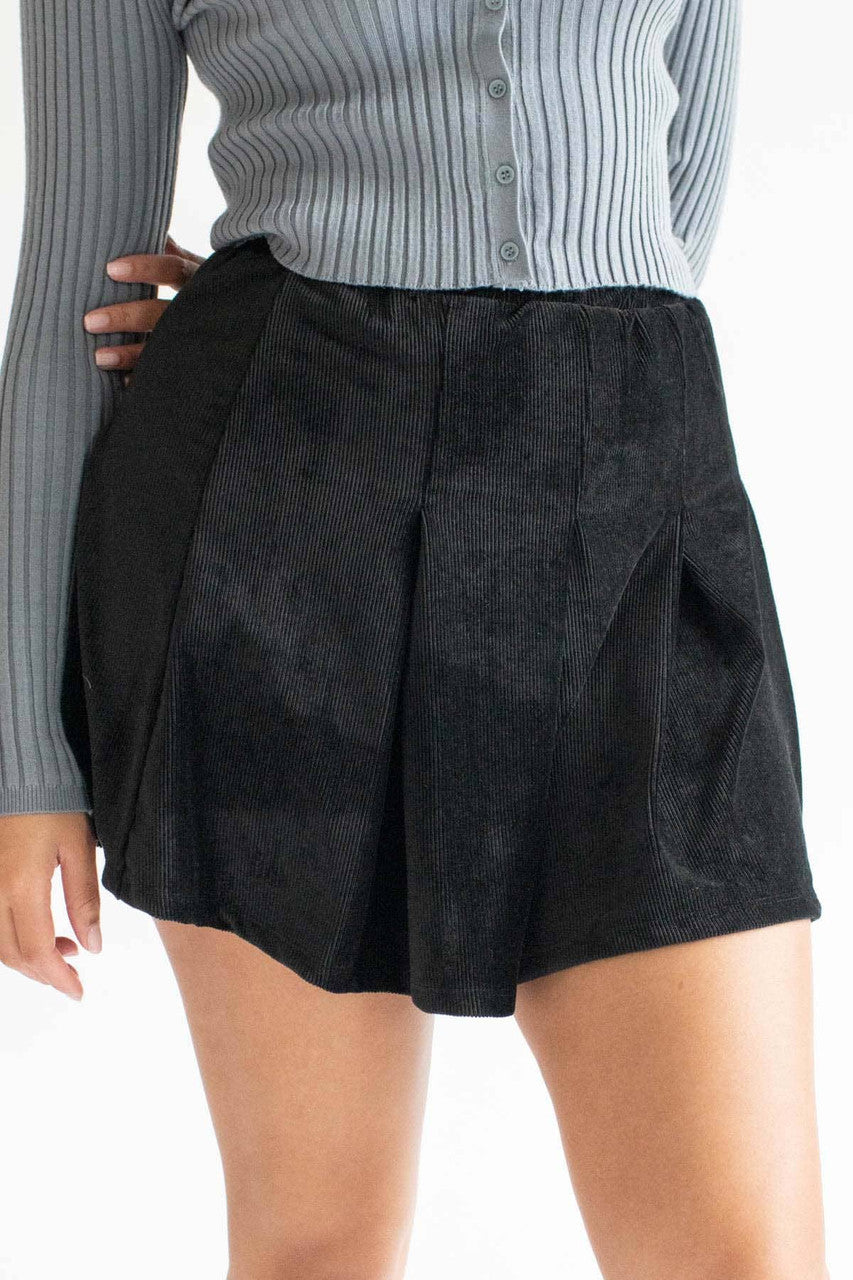 Black Pleated Corduroy Skater Skirt