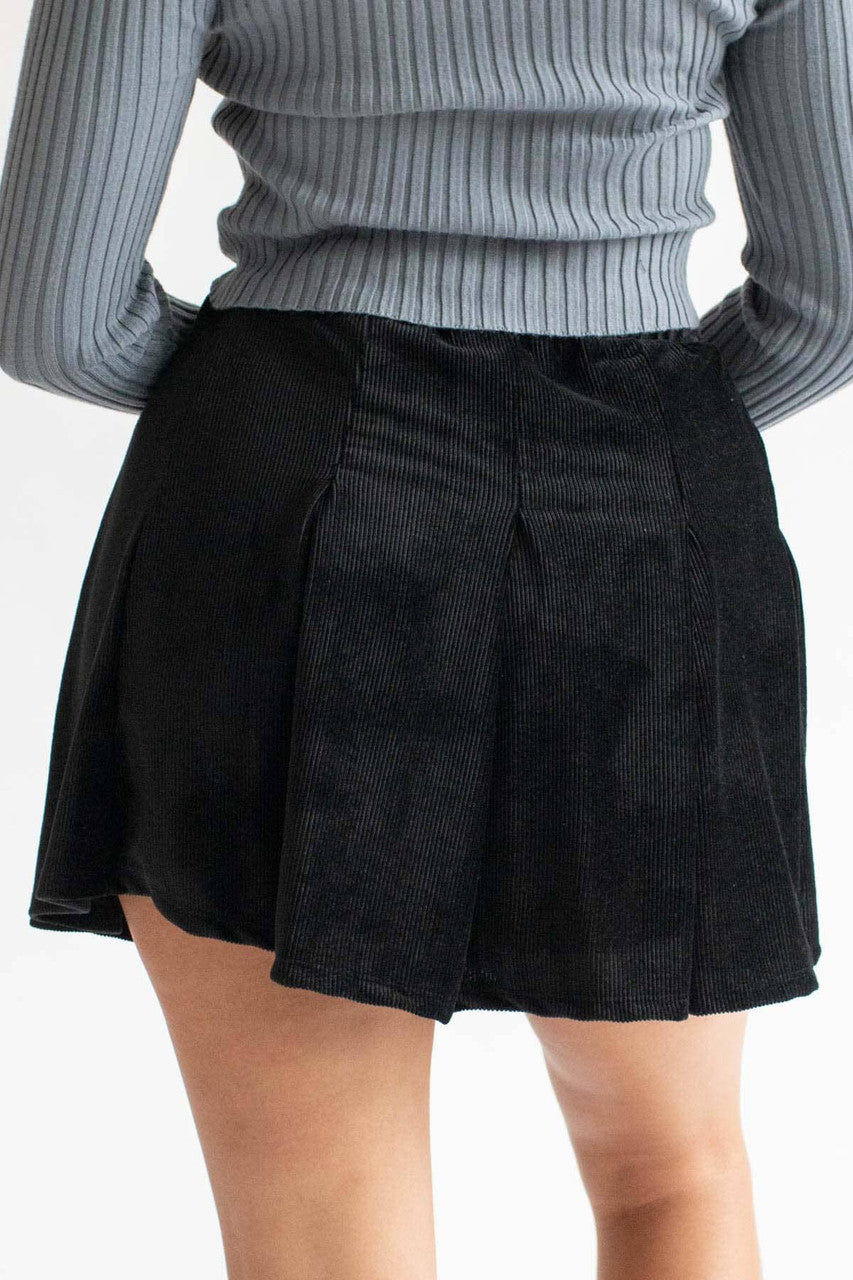 Black Pleated Corduroy Skater Skirt