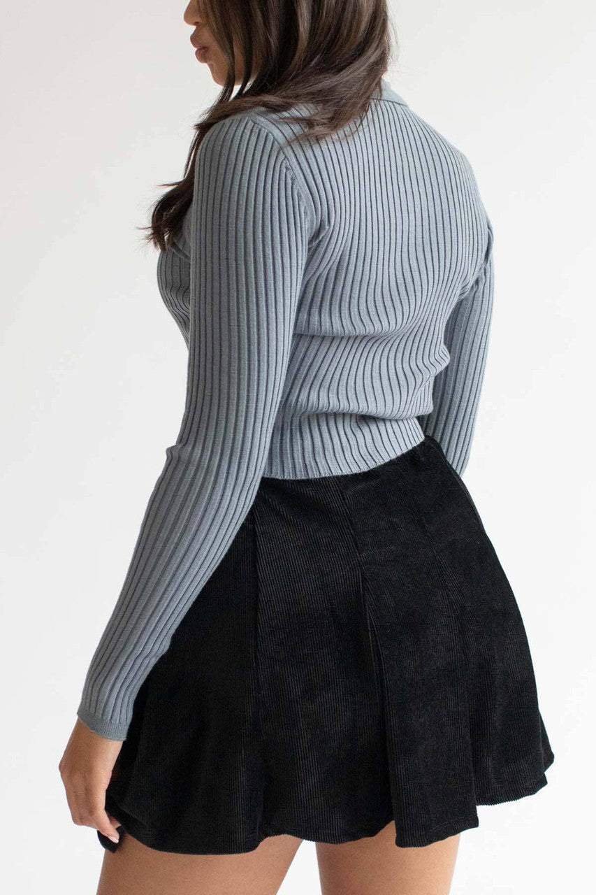 Black Pleated Corduroy Skater Skirt