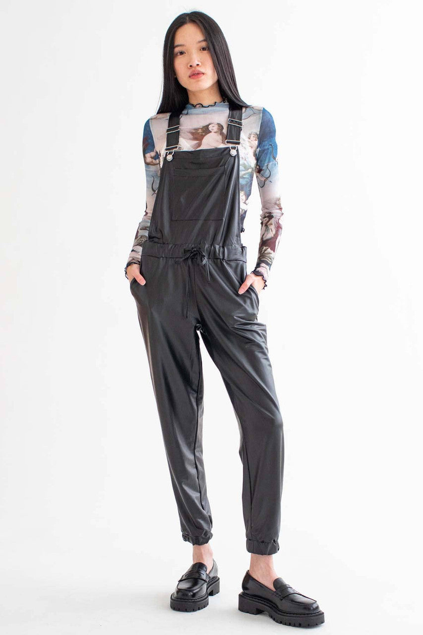 Black Pleather Overalls