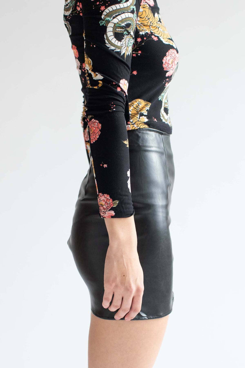 Black Pleather Split Thigh Mini Skirt