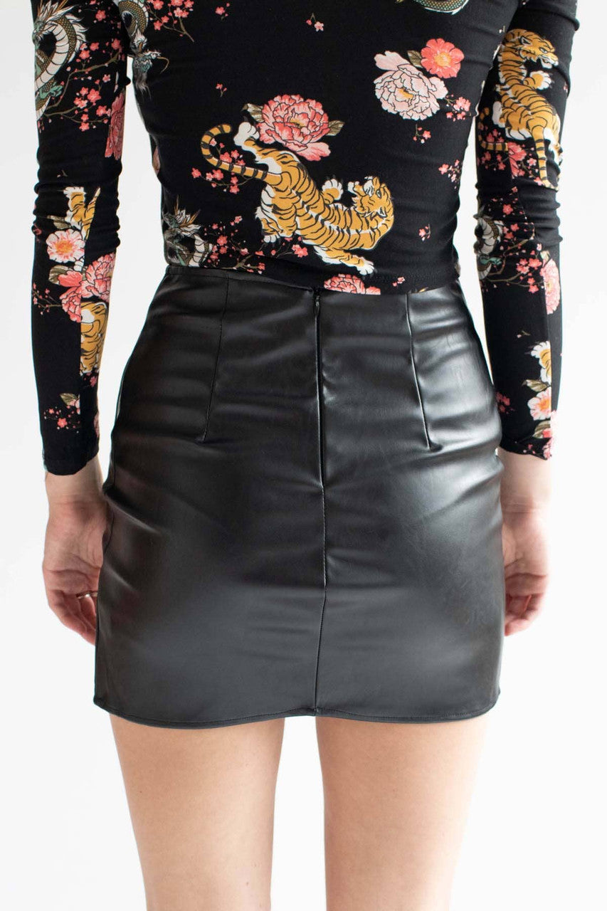 Black Pleather Split Thigh Mini Skirt