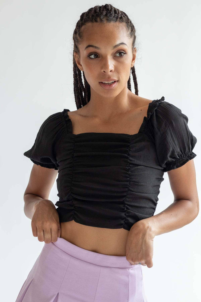 Black Puff Sleeve Ruched Top