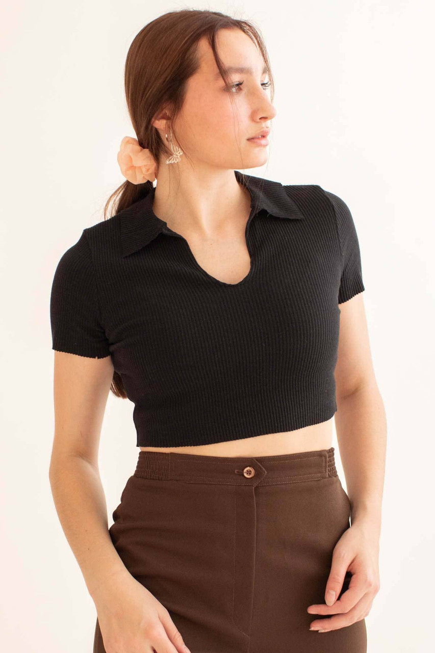 Black Raw Edge Ribbed Crop Polo