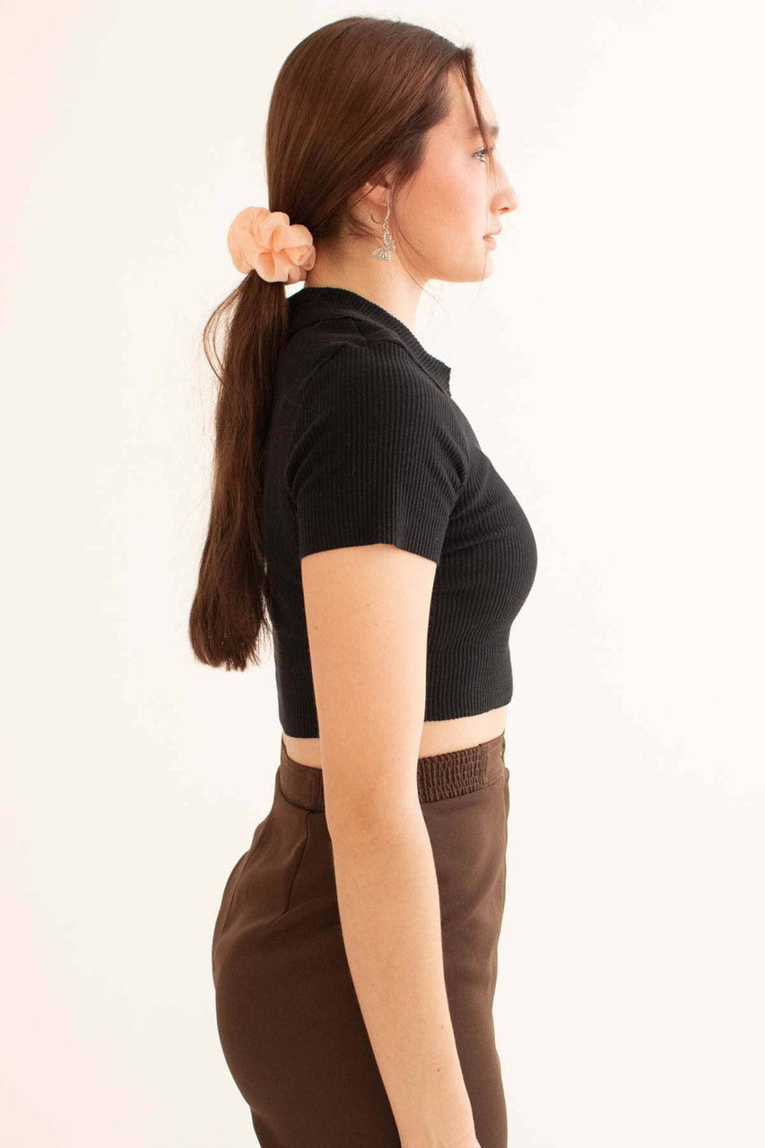 Black Raw Edge Ribbed Crop Polo