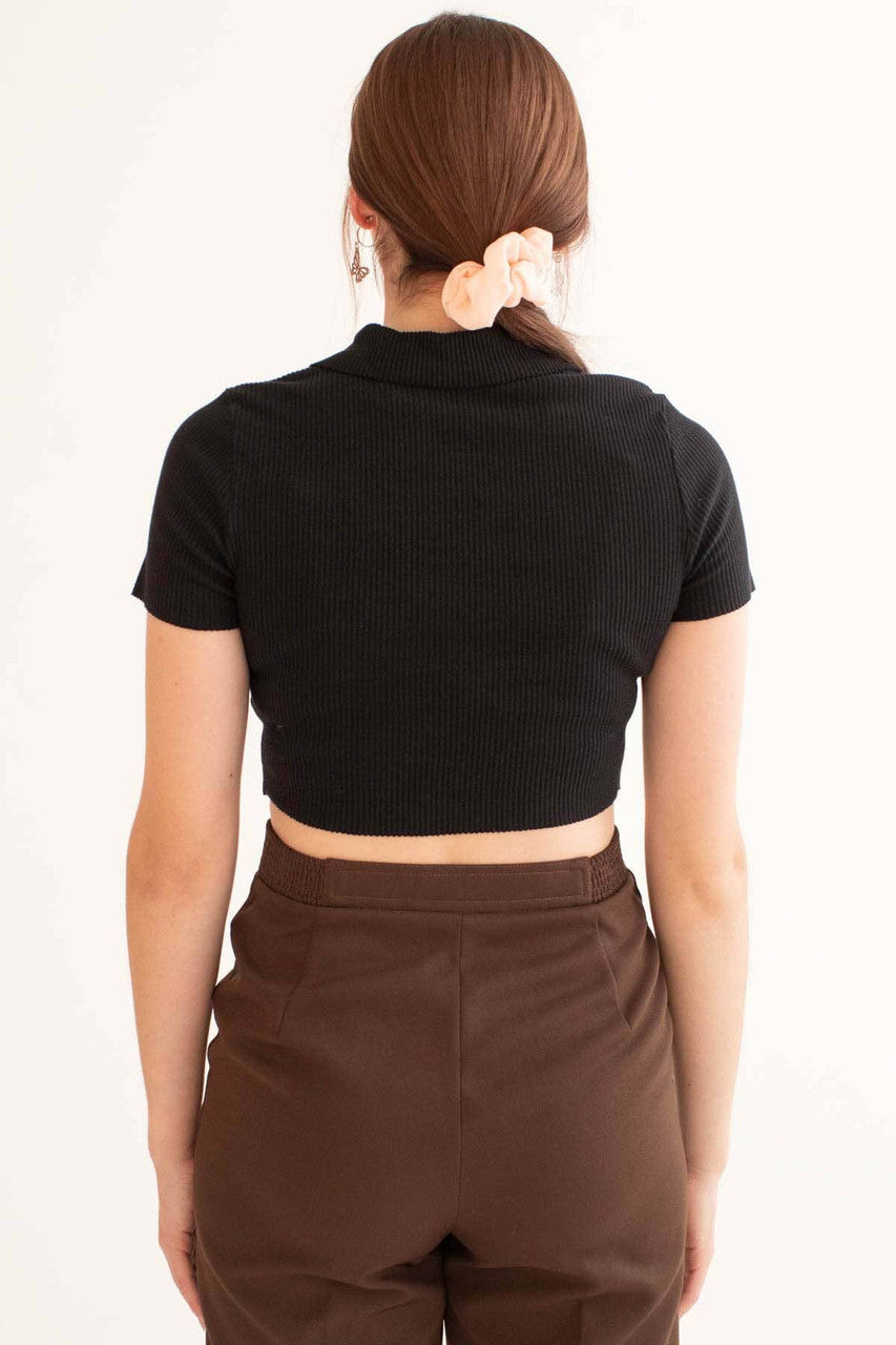 Black Raw Edge Ribbed Crop Polo
