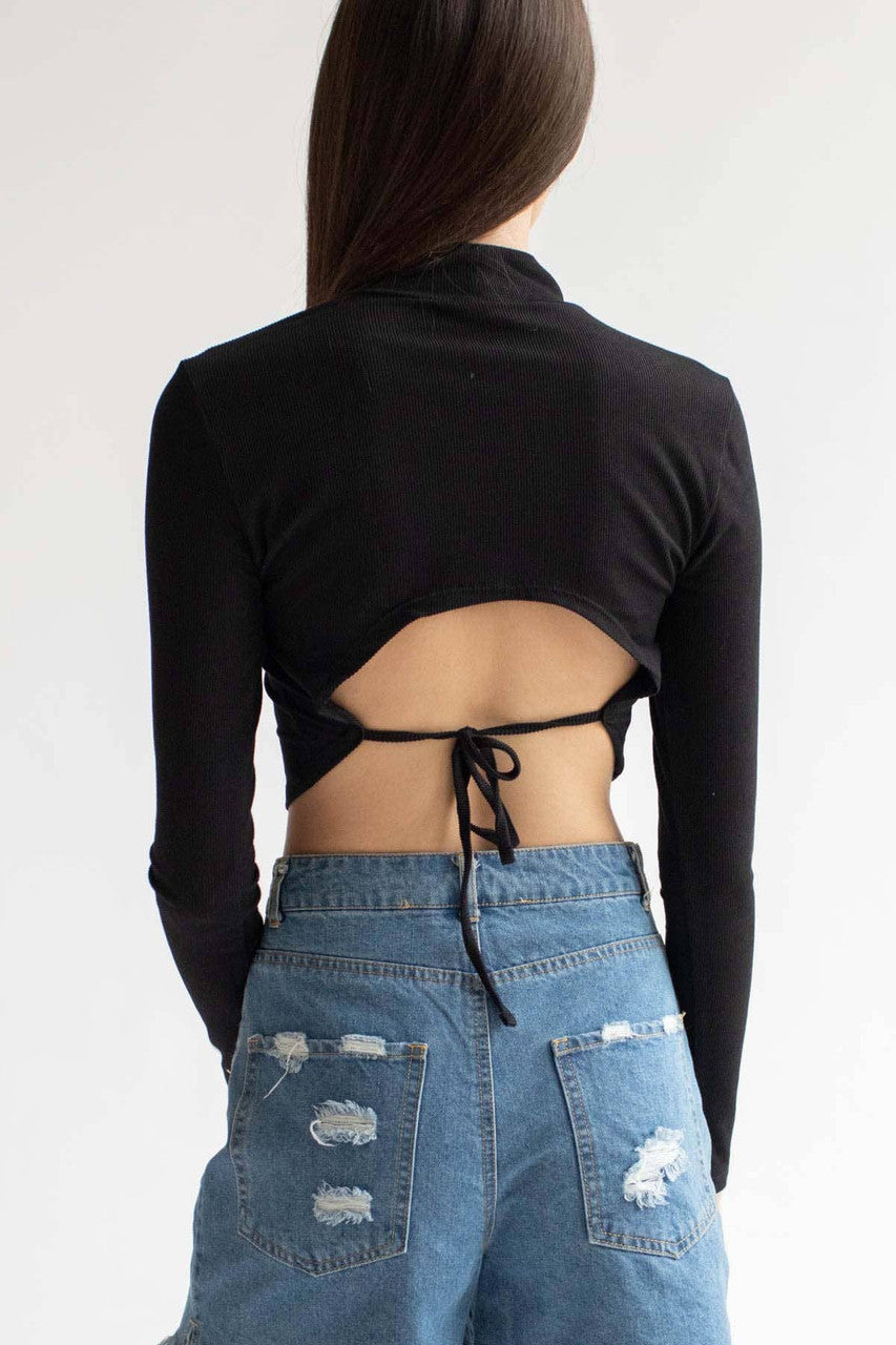 Black Ribbed Backless Long Sleeve Tee