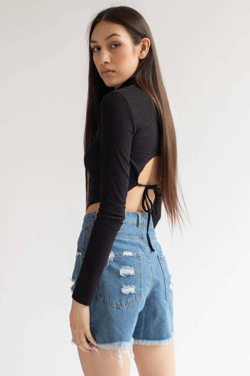 Black Ribbed Backless Long Sleeve Tee