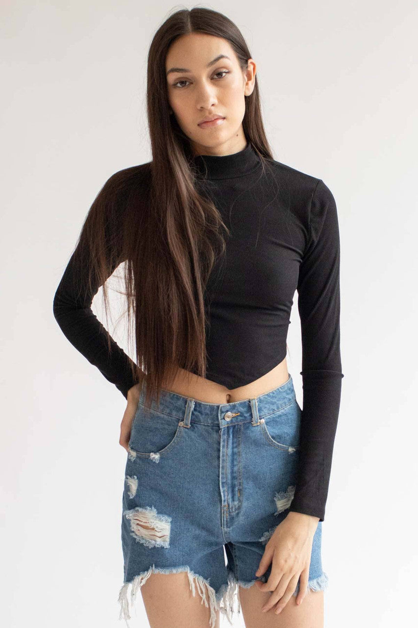 Black Ribbed Backless Long Sleeve Tee