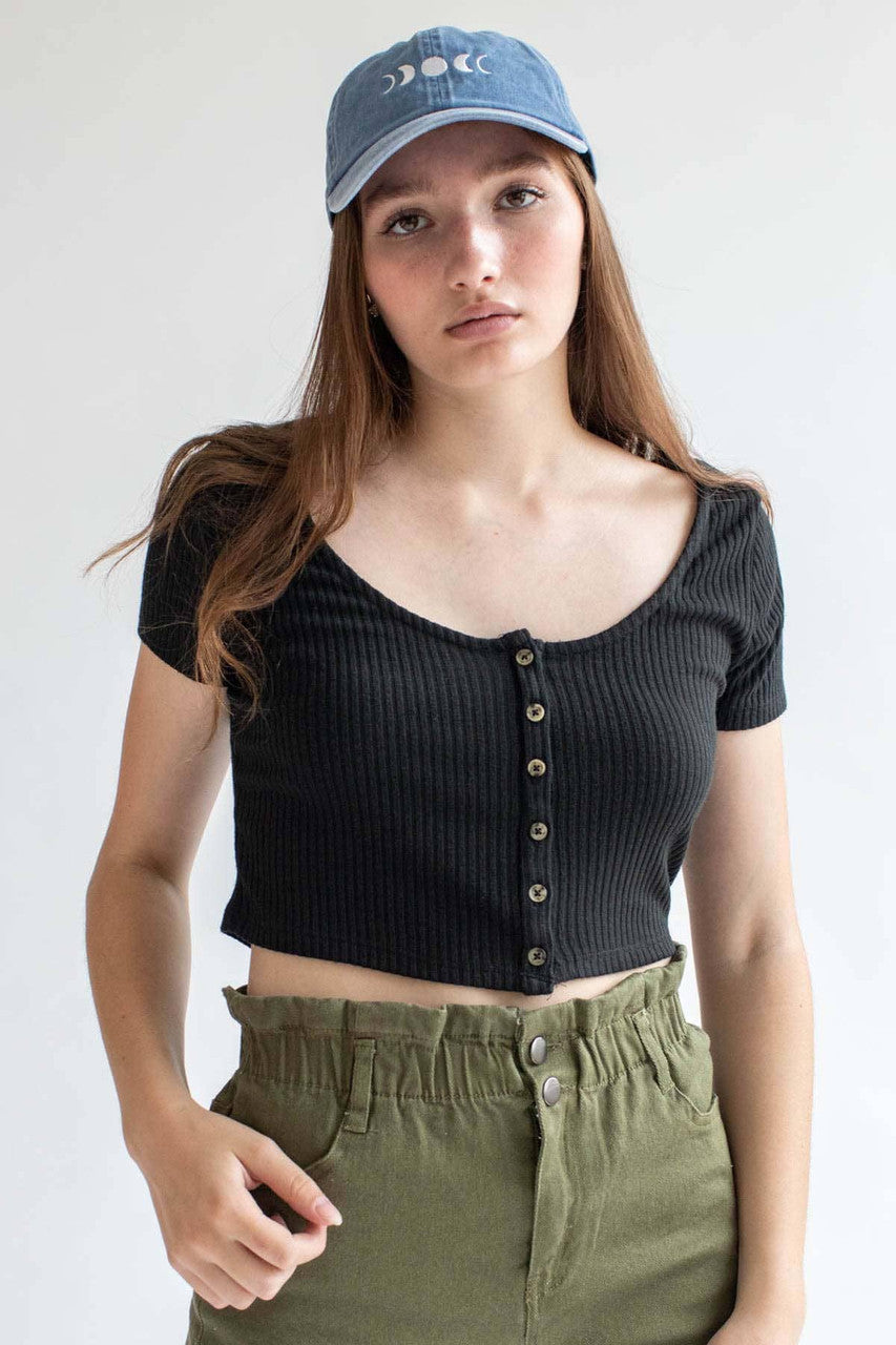 Black Ribbed Button Up Crop Tee