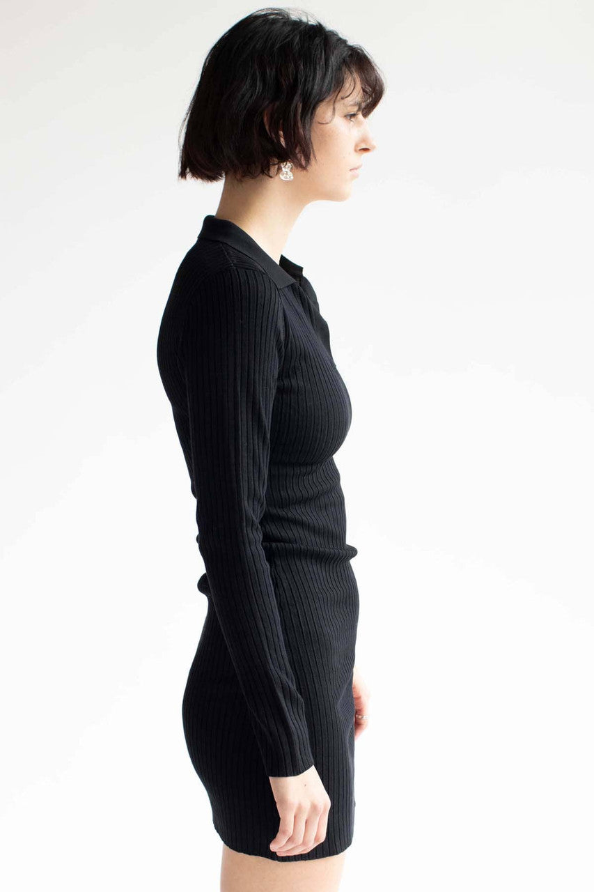 Black Collar Ribbed Mini Dress