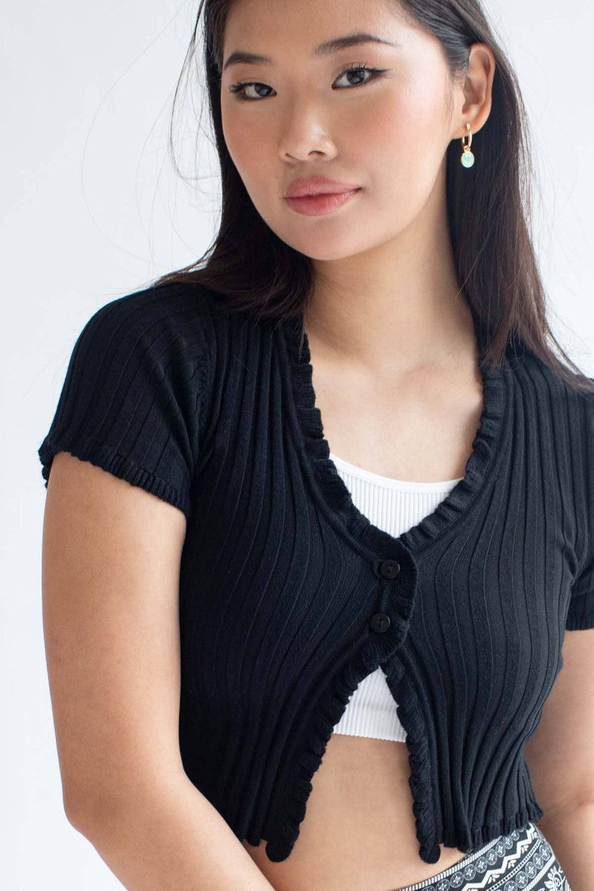 Black Ribbed Short Sleeve Cardigan