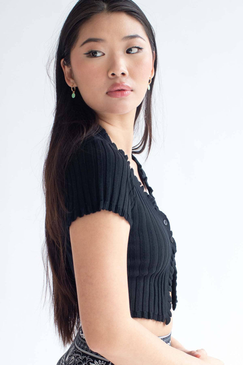 Black Ribbed Short Sleeve Cardigan