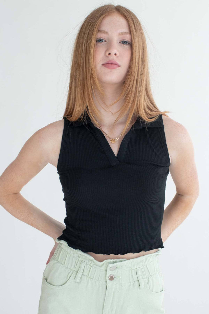 Black Ribbed Sleeveless Polo