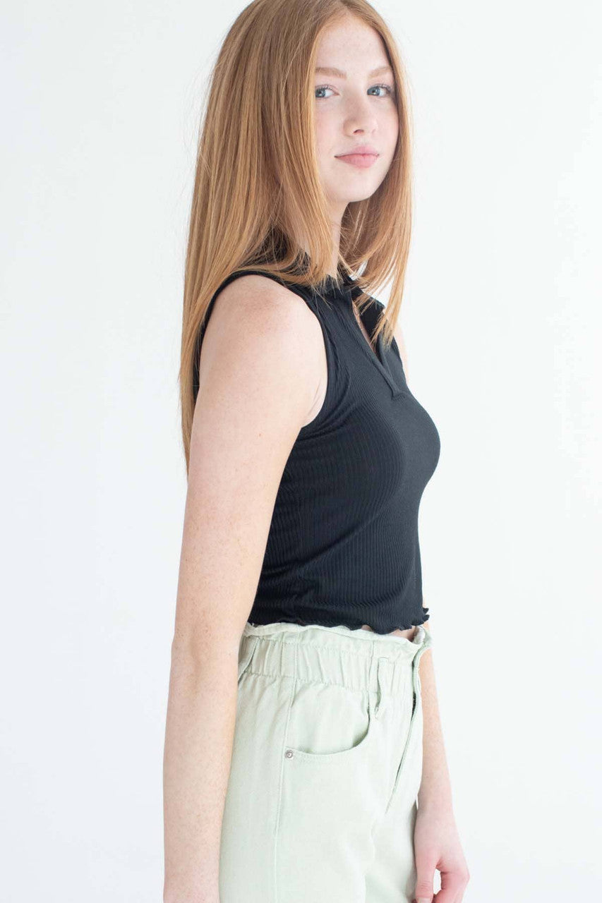 Black Ribbed Sleeveless Polo