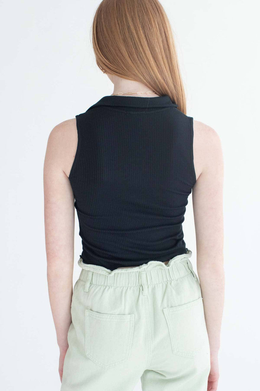 Black Ribbed Sleeveless Polo