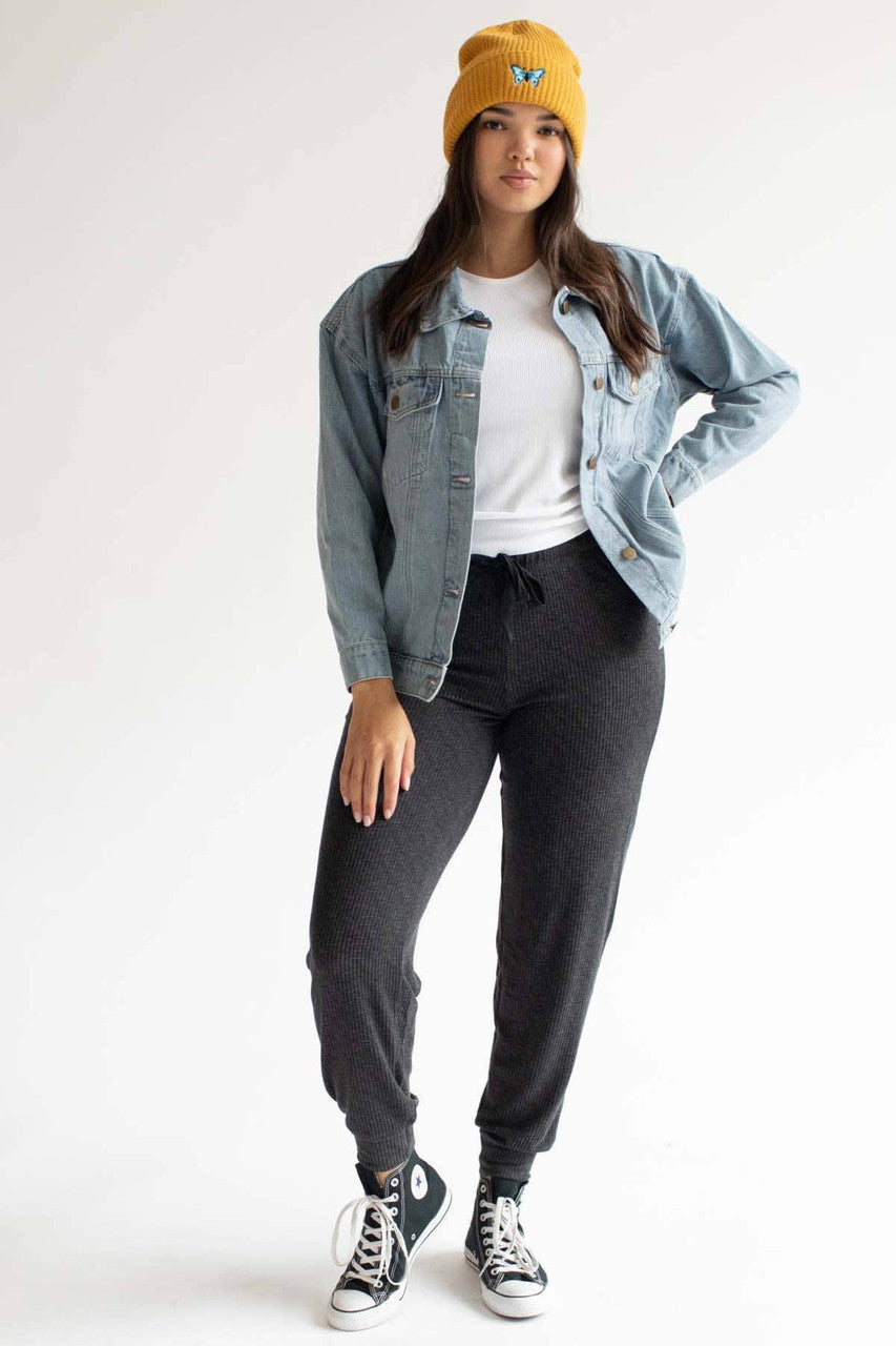 Black Space Dyed Ribbed Lounge Pants