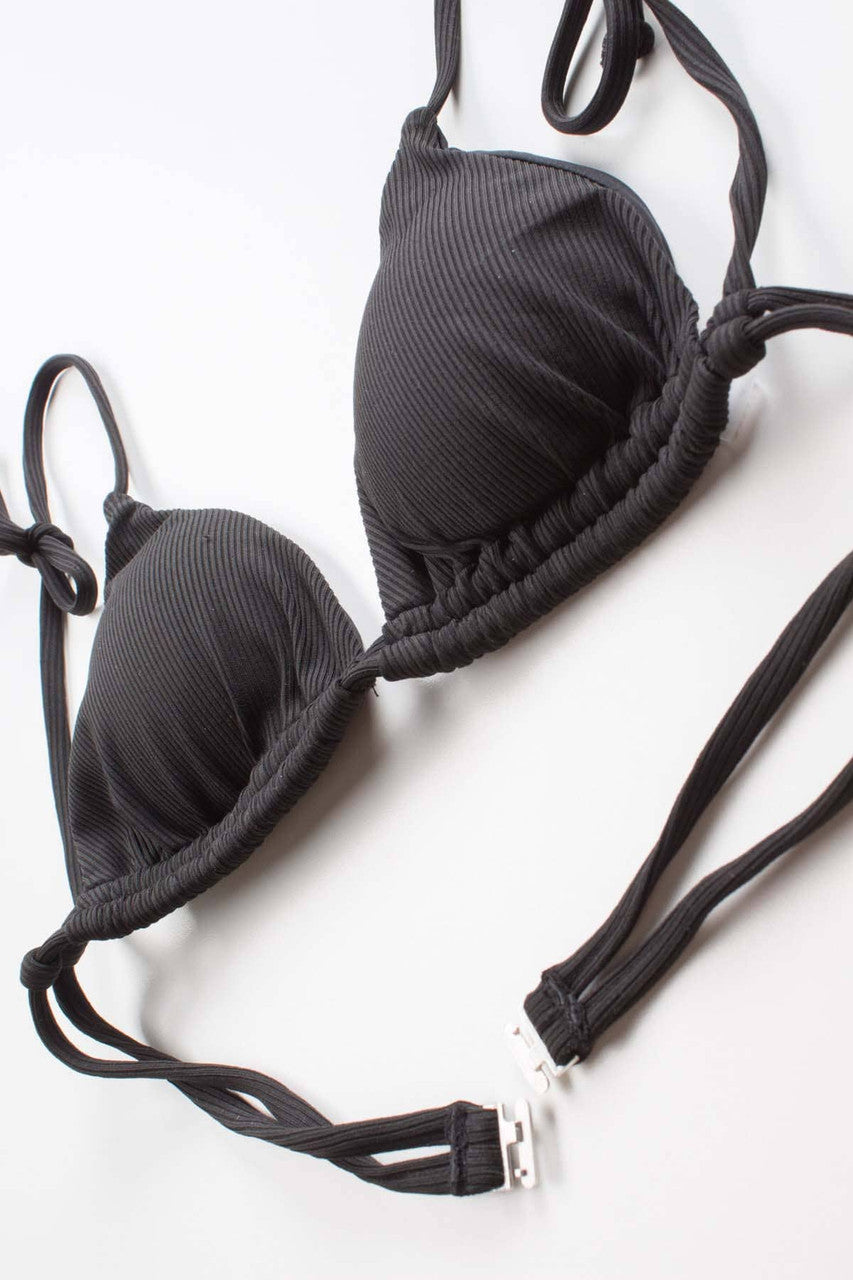Black Ribbed String Bikini Top