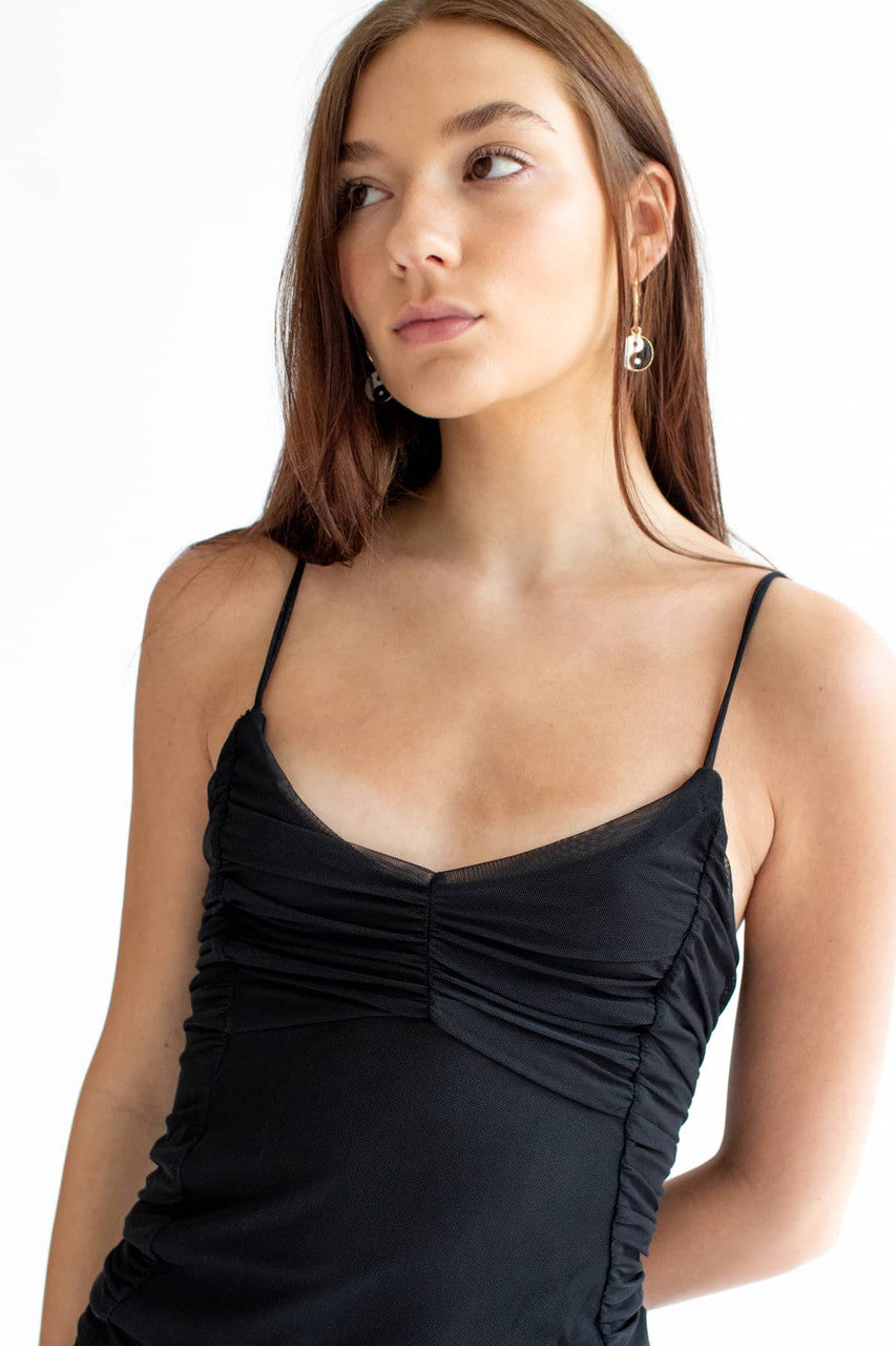 Black Ruched Mesh Ruffle Mini Dress