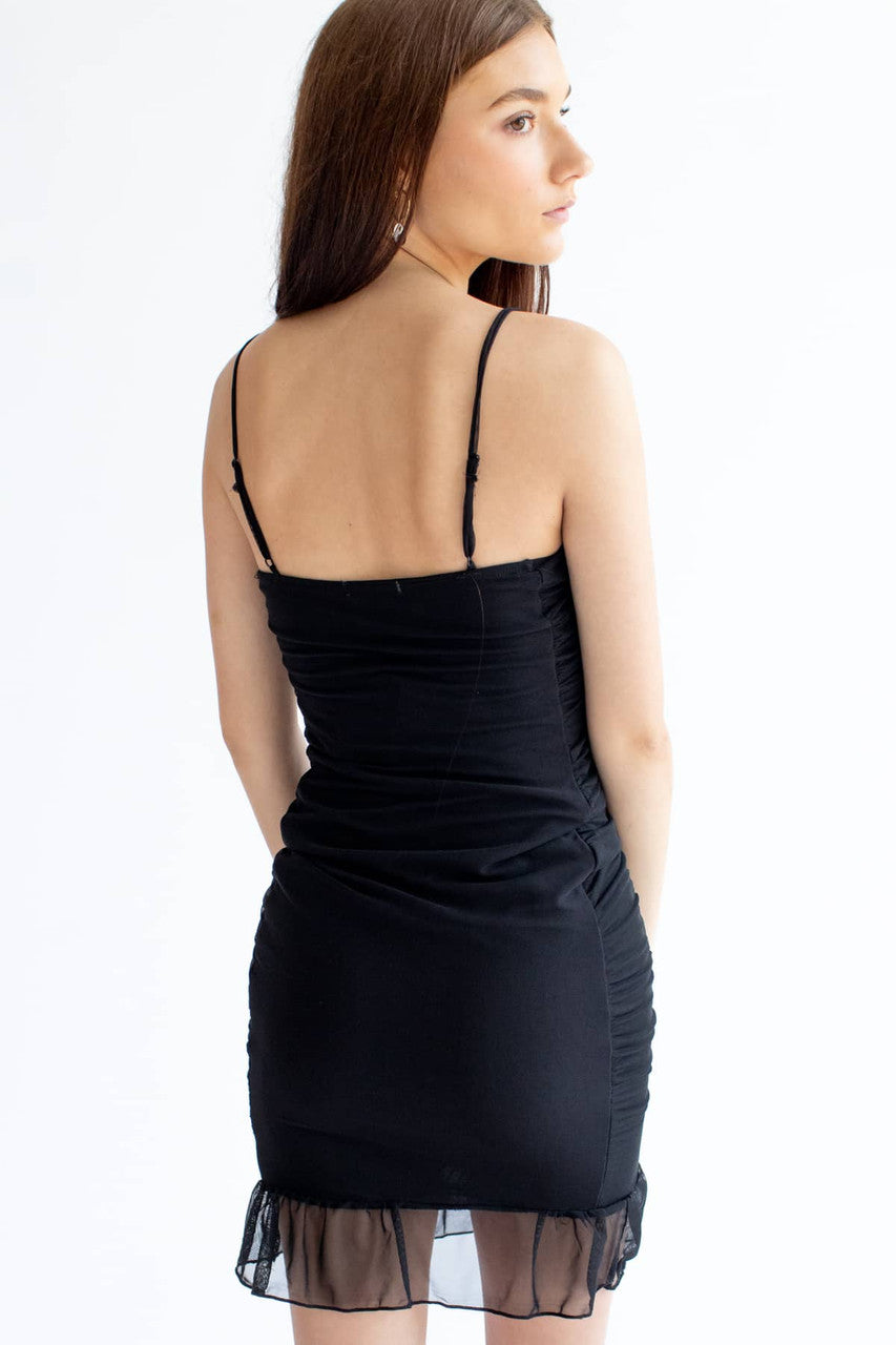 Black Ruched Mesh Ruffle Mini Dress