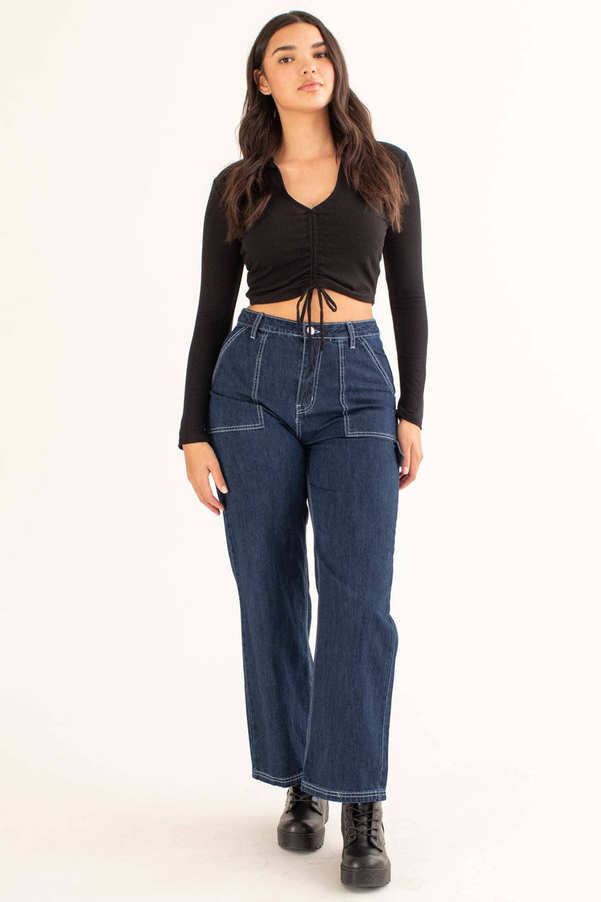 Black Ruched Ribbed Long Sleeve Crop Polo