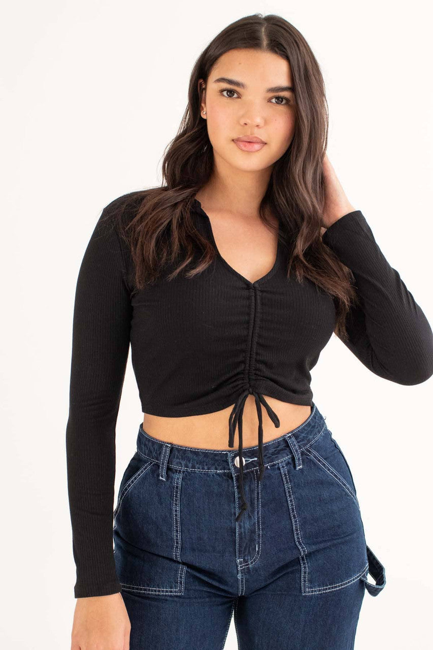 Black Ruched Ribbed Long Sleeve Crop Polo