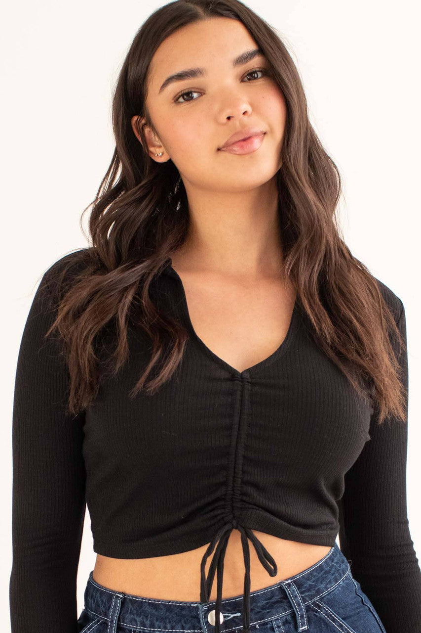 Black Ruched Ribbed Long Sleeve Crop Polo
