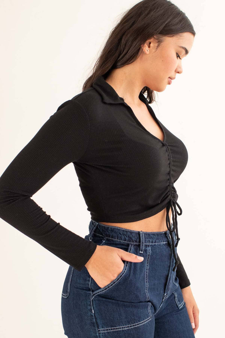 Black Ruched Ribbed Long Sleeve Crop Polo