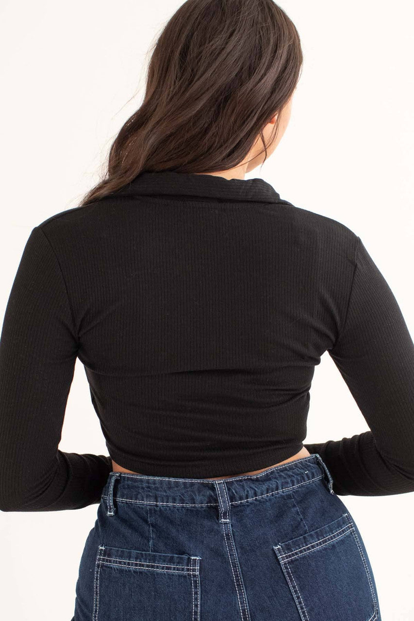 Black Ruched Ribbed Long Sleeve Crop Polo