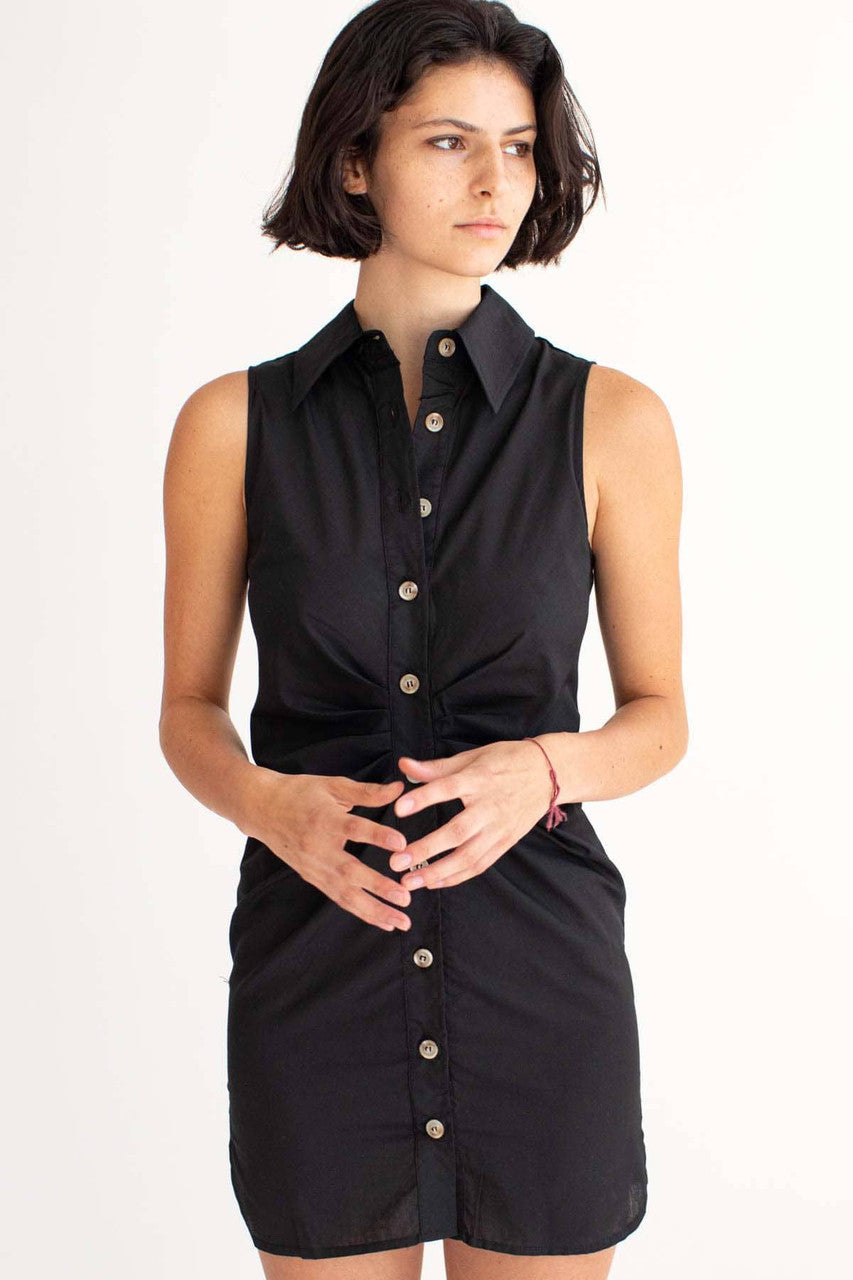 Black Ruched Sleeveless Shirt Dress