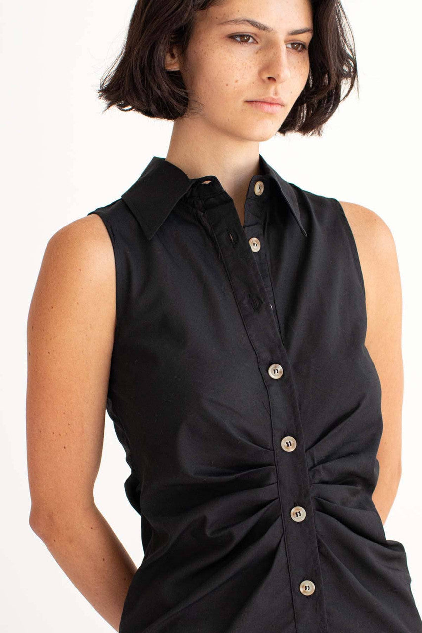 Black Ruched Sleeveless Shirt Dress