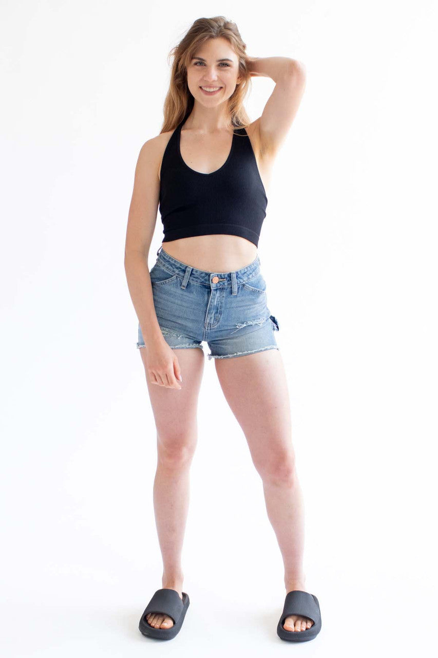 Black Seamless Deep V Halter Neck