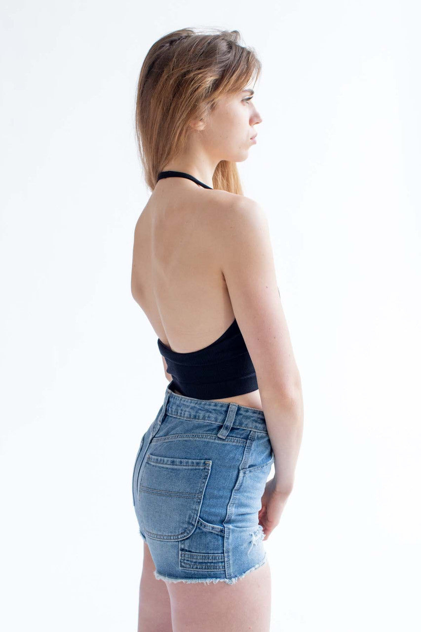 Black Seamless Deep V Halter Neck