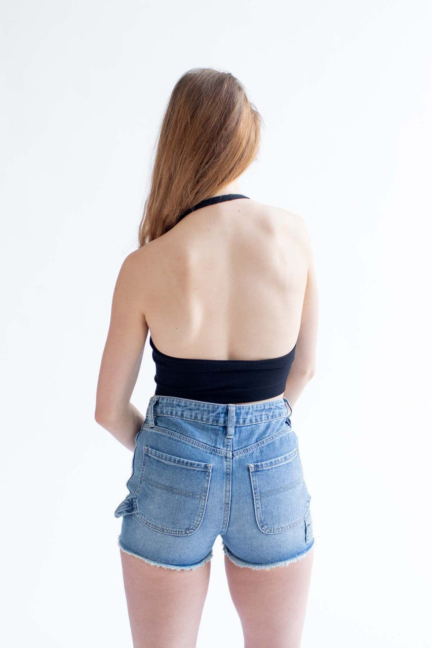 Black Seamless Deep V Halter Neck