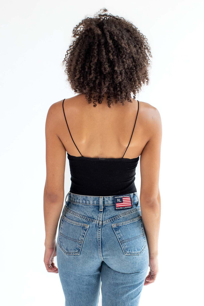 Black Seamless Lace Trim Bodysuit