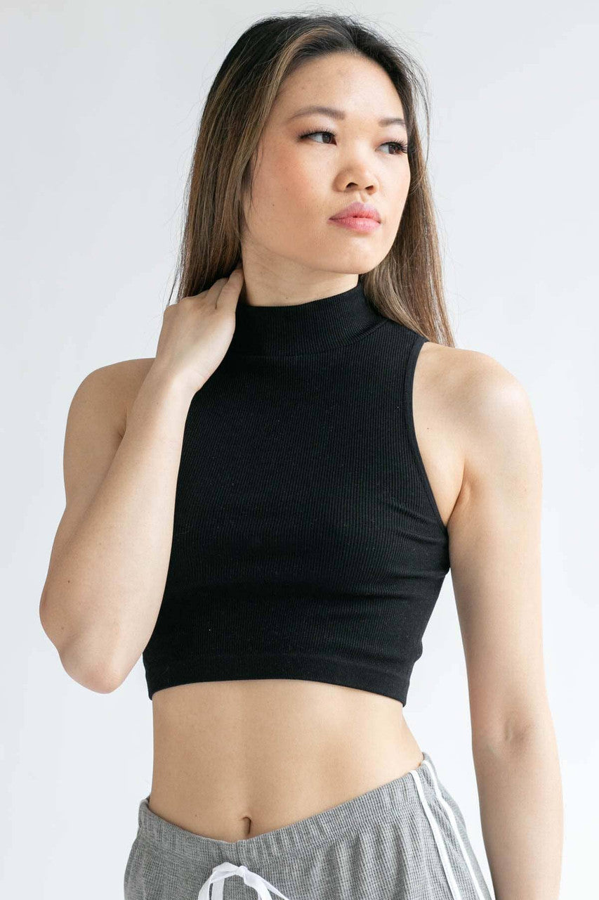 Black Seamless Mock Neck Crop Top 1