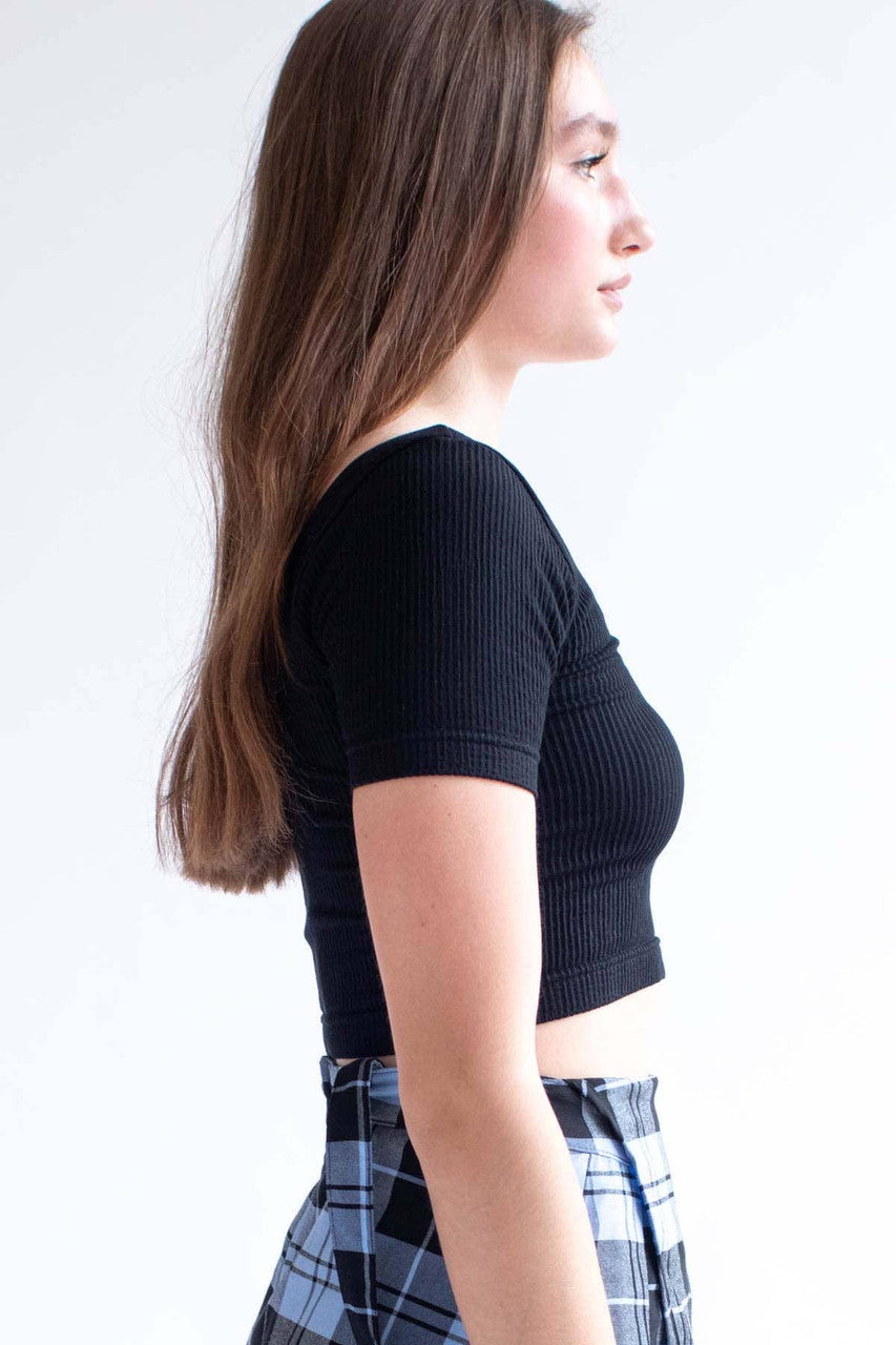 Black Ribbed Seamless V Neck Crop Tee