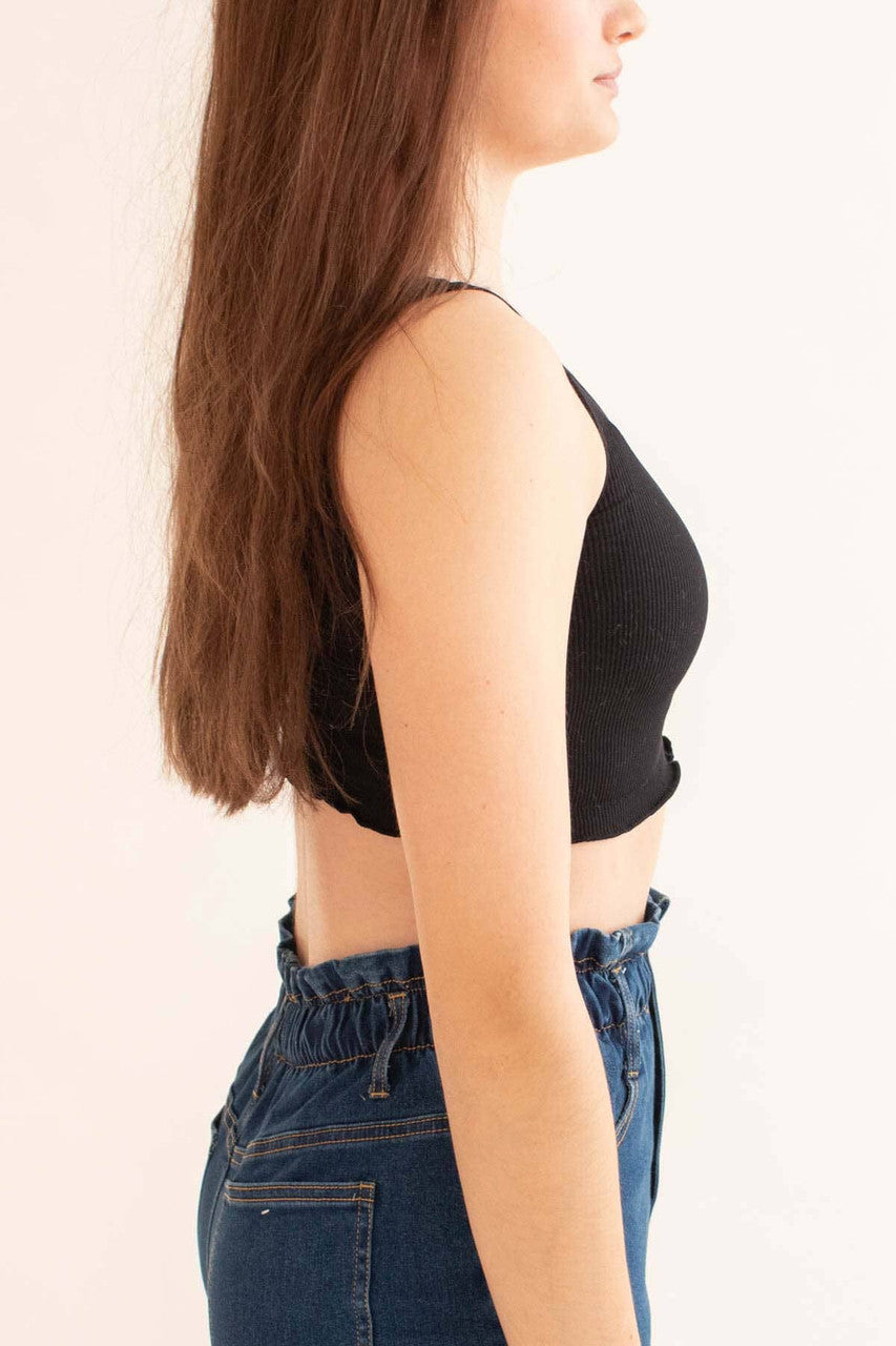 Black Seamless Ruffle Crop Tank